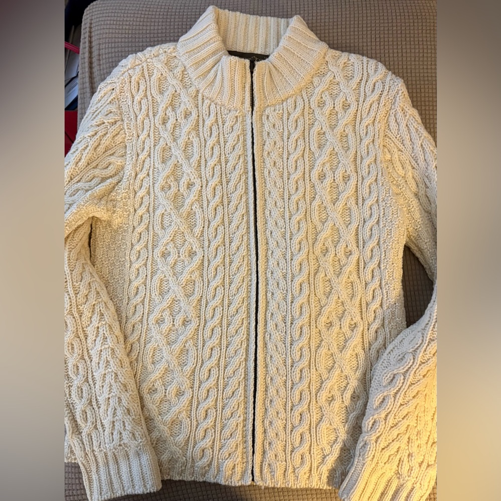 Inis Crafts Cream Wool Aran Zip Cardigan Sweater NWT☘️